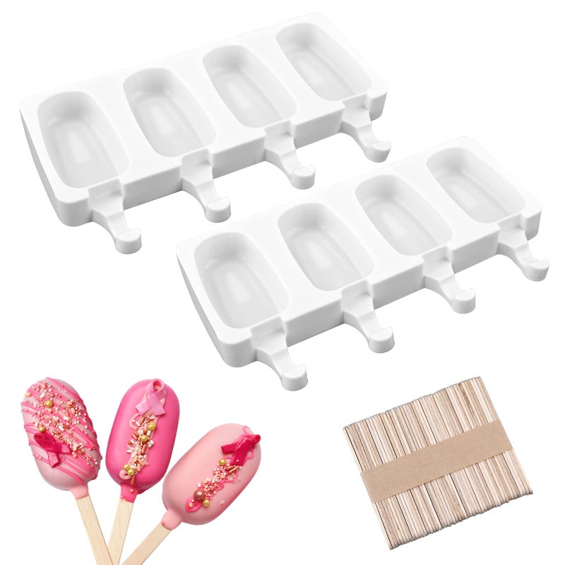 Sakolla 2 Pack Mini Popsicle Silicone Molds, 4 Cavities Oval Ice Pop Molds with 50 Wooden Sticks for Homemade Ice Cream, Cakesicles, Cake Pop (White) - Image 1