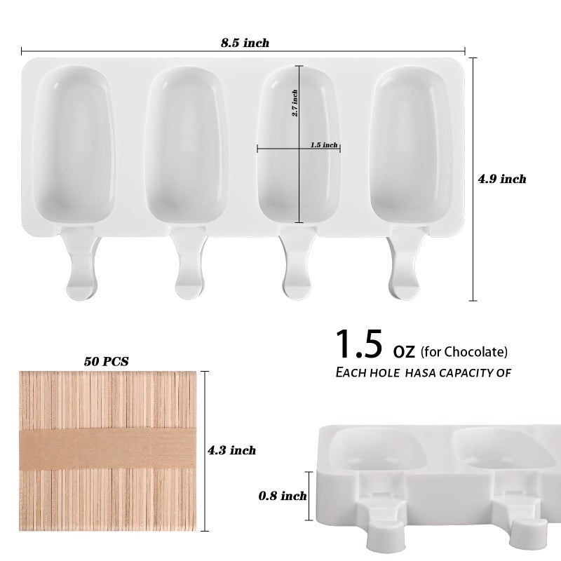 Sakolla 2 Pack Mini Popsicle Silicone Molds, 4 Cavities Oval Ice Pop Molds with 50 Wooden Sticks for Homemade Ice Cream, Cakesicles, Cake Pop (White) - Image 2