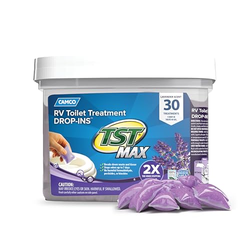 Camco TST MAX RV Toilet Treatment Drop-INs - Control Unwanted Odors and Break Down Waste and Tissue - Septic Tank Safe - Lavender Scent - 30-pack (41553) - Image 1