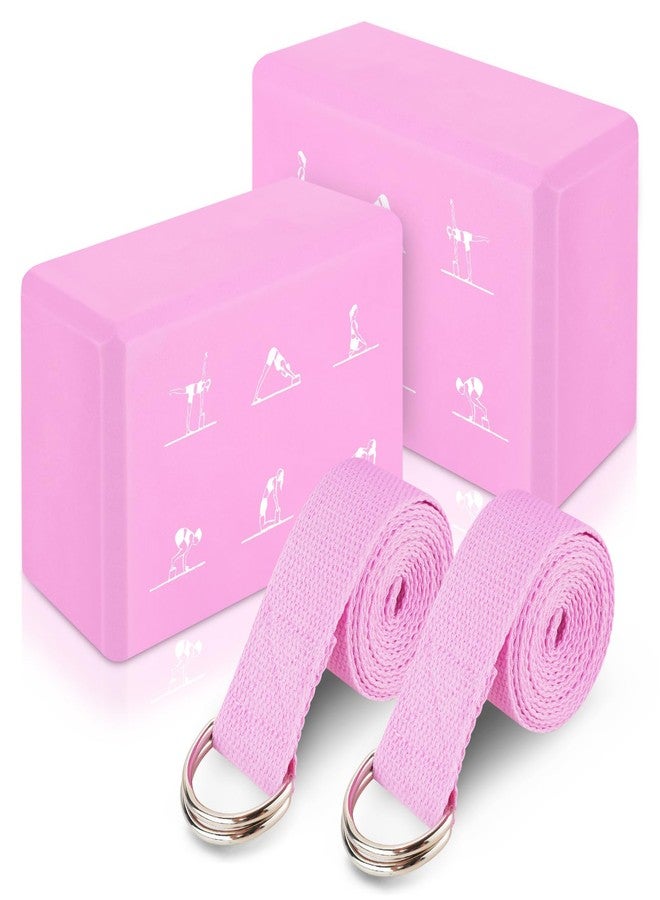 RETON 2 Pack Yoga Blocks and 2 Yoga Straps Set, Soft Non-Slip Block for Pilates, High Density EVA Foam Brick with Yoga Strap for General Fitness, Stretching, Improve Strength and Flexibility (Pink) - Image 1