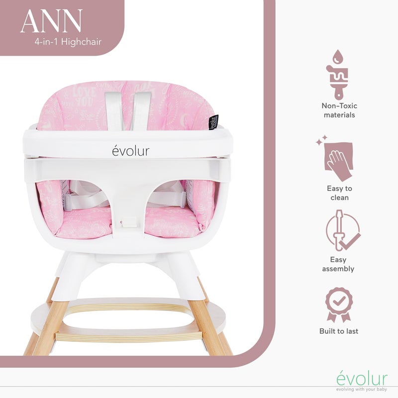 Evolur Ann Beechwood 4-in-1 Highchair | 360 Seat Rotation | Booster seat | Floor Chair | Bar Stool Chair | 5 Point Safety Harness | Pink - Image 4