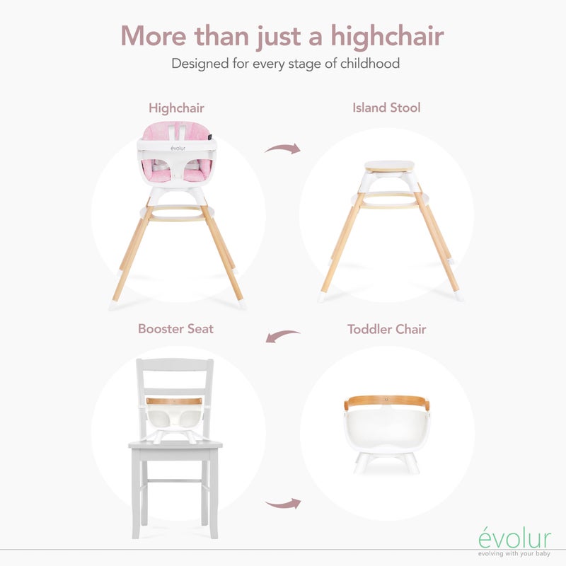 Evolur Ann Beechwood 4-in-1 Highchair | 360 Seat Rotation | Booster seat | Floor Chair | Bar Stool Chair | 5 Point Safety Harness | Pink - Image 5