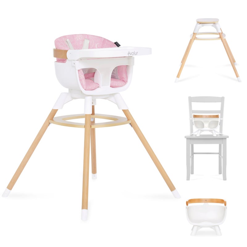 Evolur Ann Beechwood 4-in-1 Highchair | 360 Seat Rotation | Booster seat | Floor Chair | Bar Stool Chair | 5 Point Safety Harness | Pink - Image 1