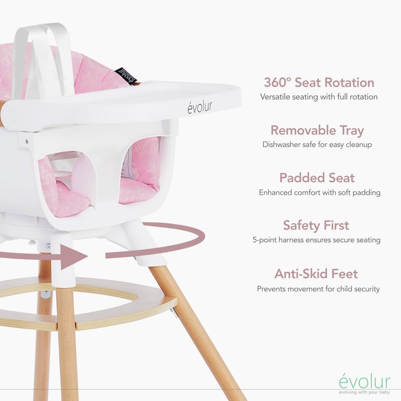 Evolur Ann Beechwood 4-in-1 Highchair | 360 Seat Rotation | Booster seat | Floor Chair | Bar Stool Chair | 5 Point Safety Harness | Pink - Image 3