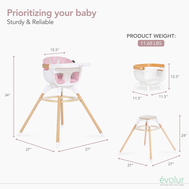 Evolur Ann Beechwood 4-in-1 Highchair | 360 Seat Rotation | Booster seat | Floor Chair | Bar Stool Chair | 5 Point Safety Harness | Pink - Image 2
