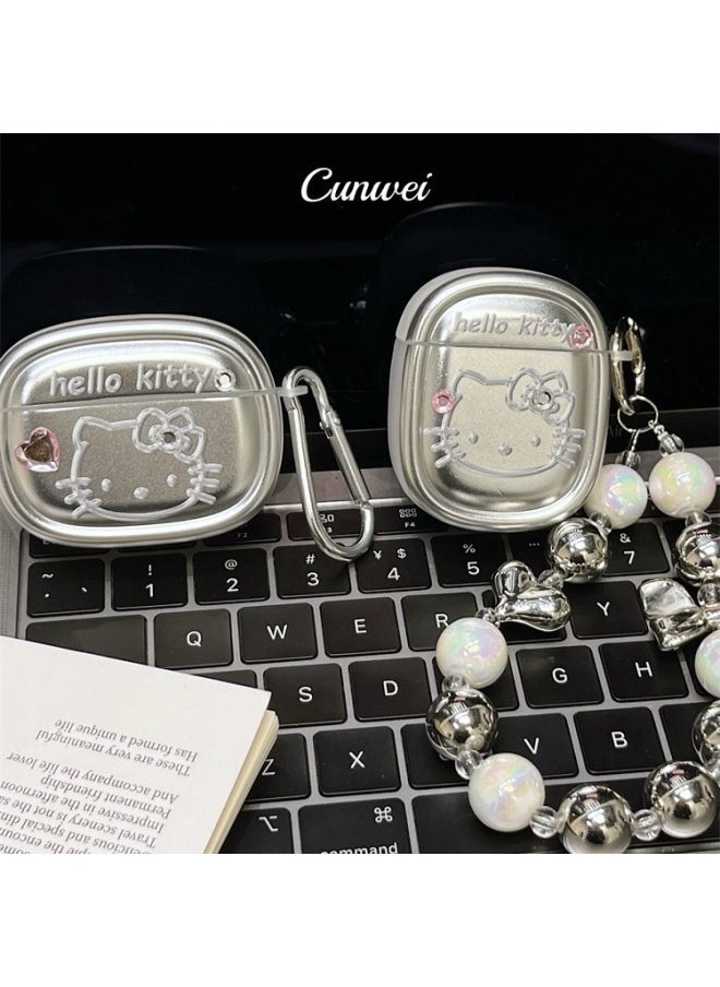 Generic - Ins Electroplated Cartoon Cat Suitable For AirPodsPro2 For Apple Bluetooth Earphone Case Protective Cover 3/4 Generation Chain-Color:Silver Plating KT Cat + Rhinestone + Chain-Applicable Model:For Apple AirPods Pro Second Generation - Image 1