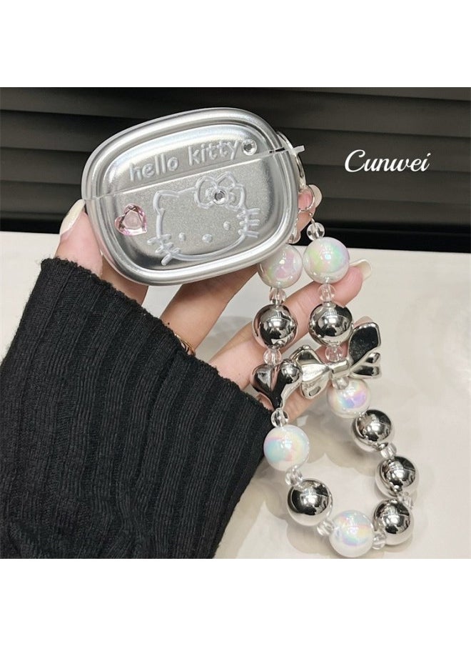Generic - Ins Electroplated Cartoon Cat Suitable For AirPodsPro2 For Apple Bluetooth Earphone Case Protective Cover 3/4 Generation Chain-Color:Silver Plating KT Cat + Rhinestone + Chain-Applicable Model:For Apple AirPods Pro Second Generation - Image 1