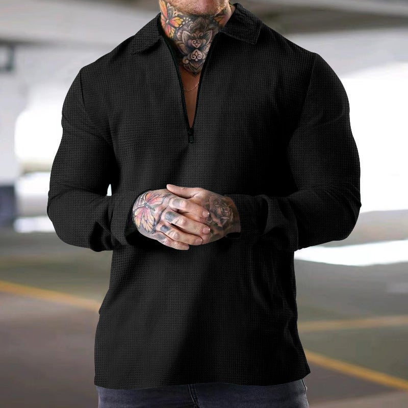 2025 Cross-Border Autum Men''s Long-Sleeved T-Shirt Heavy Waffle Thin Lapel Polo Shirt Polo Suit - Image 1