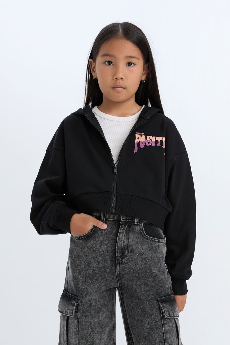 DeFacto Girl Printed Hooded Soft Furry Inside Zippered Sweatshirt - Image 1