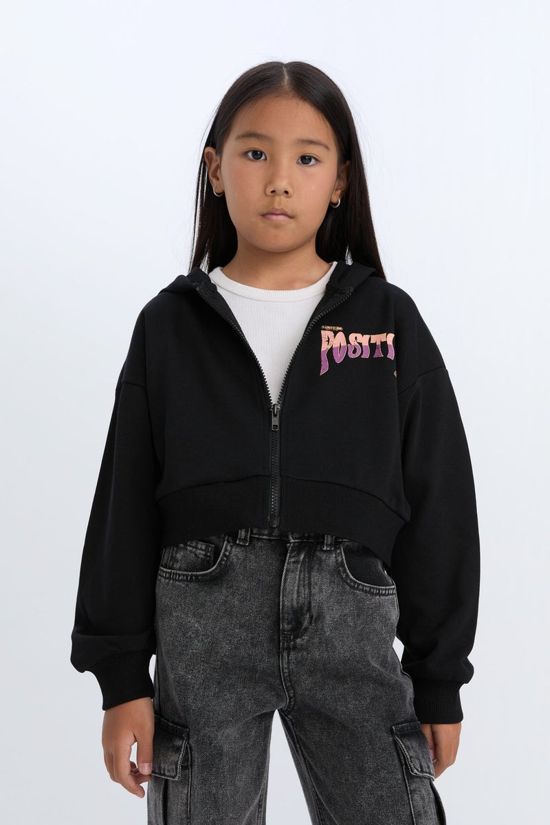 DeFacto Girl Printed Hooded Soft Furry Inside Zippered Sweatshirt - Image 2
