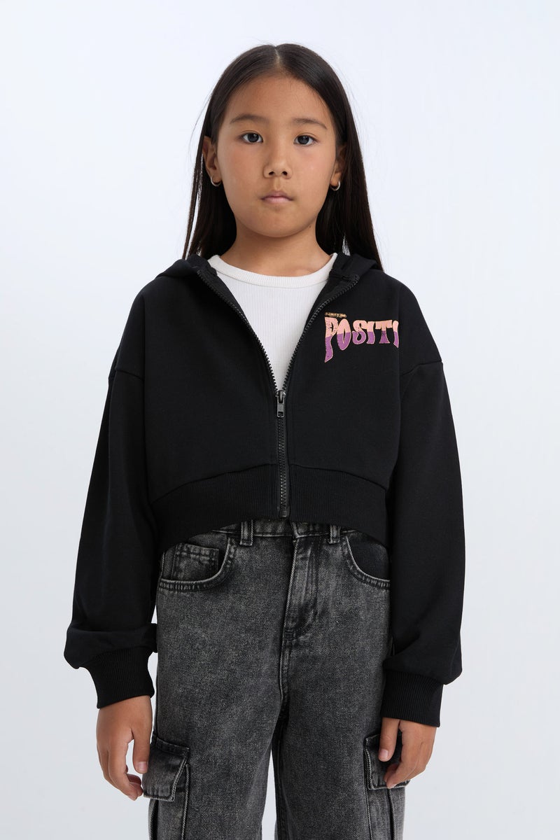 DeFacto Girl Printed Hooded Soft Furry Inside Zippered Sweatshirt - Image 5