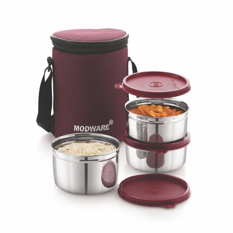 MODWARE MODWARE Exclusive Pouch Tiffin/Stainless Steel Container Lunch Box/Insulated Leak Proof Tiffin Box for School/College/Office for Kids, Men, Women with Handle Cover Bag (Set of 3, Maroon)  - Image 1