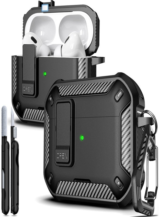 R-fun جراب R-fun لسماعات AirPods Pro 2 مع طقم تنظيف، مصنوع من ألياف الكربون، مقاوم للصدمات، غطاء منبثق تلقائيًا، حامل للهاتف وقاعدة مغناطيسية مع خطاف تعليق، متوافق مع AirPods Pro 2، أسود - Image 1