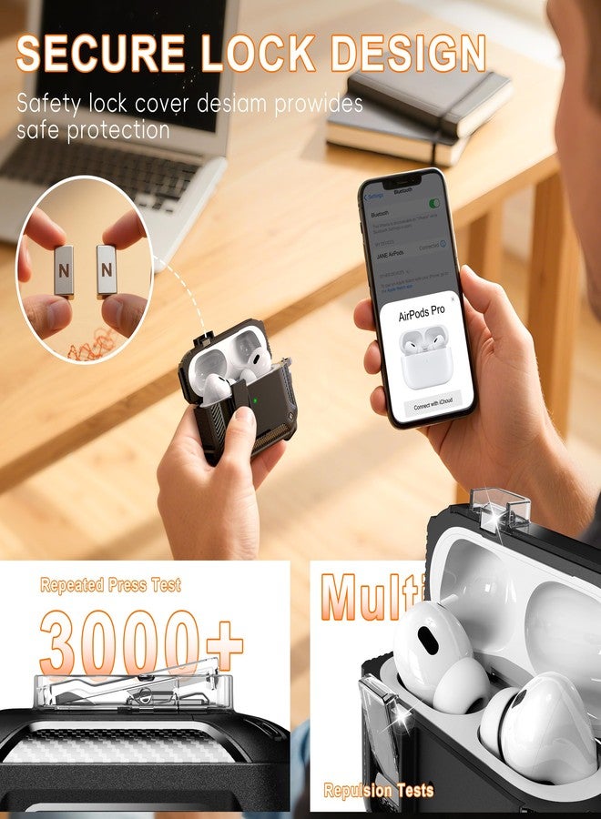 R-fun جراب R-fun لسماعات AirPods Pro 2 مع طقم تنظيف، مصنوع من ألياف الكربون، مقاوم للصدمات، غطاء منبثق تلقائيًا، حامل للهاتف وقاعدة مغناطيسية مع خطاف تعليق، متوافق مع AirPods Pro 2، أسود - Image 5