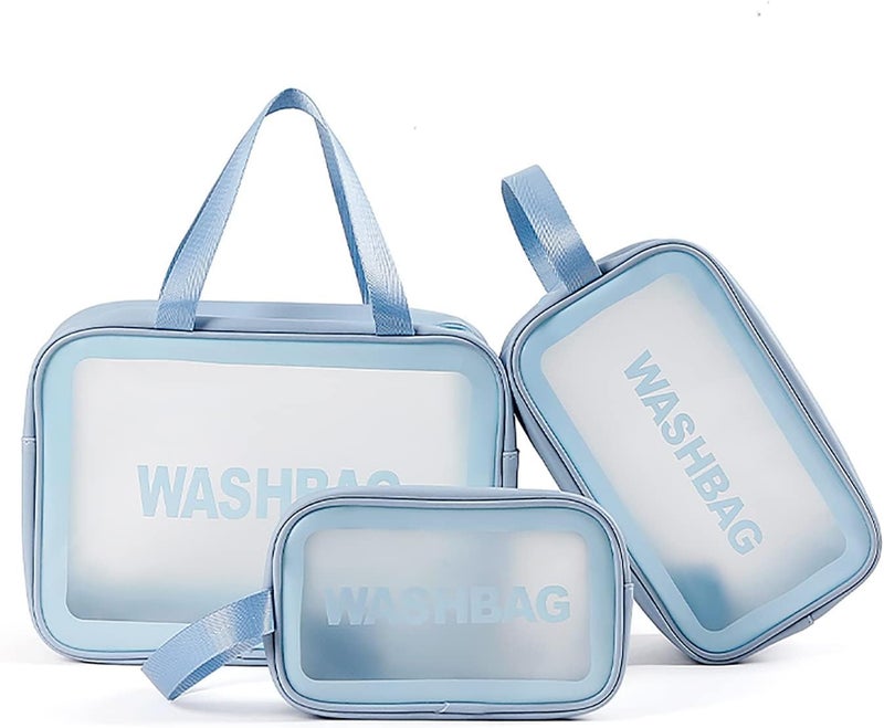 MENOVAS Cosmetic Organizer Bag for Women Wash Bag Pouch Travel Kit Toiletry Bag Clear Makeup Organizer Pouch Bag Set of 3 Blue - Image 1