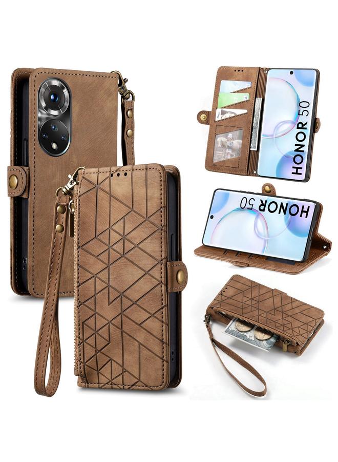 اس-توب جراب هاتف Honor 50 بتصميم هندسي وسحاب ومشبك جانبي من الجلد - Image 1