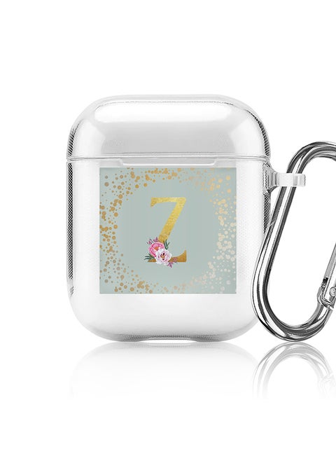 Classic Clear printed Case for Apple Airpods 2 / 1 Soft TPU Gel Thin Transparent Flexible Cover - Custom Monogram Initial Letter Floral Pattern Alphabet - Z ( Light Green )