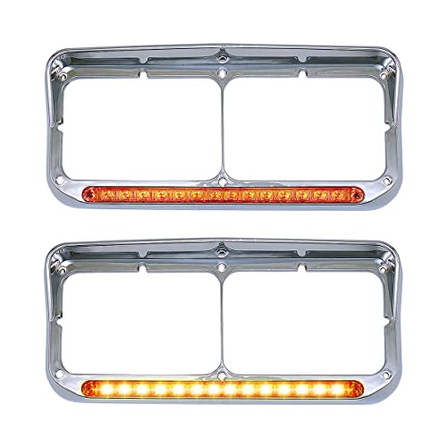 LEAVAN 2x Chrome Headlight Bezels 12" Amber LED Light with Visor 4x6 Light Strip Fit for Kenworth T400 T600 T800 W900B W900L Peterbilt 378 379 Western Star 4900 Trucks (Amber Lens+Amber LED) - Image 1