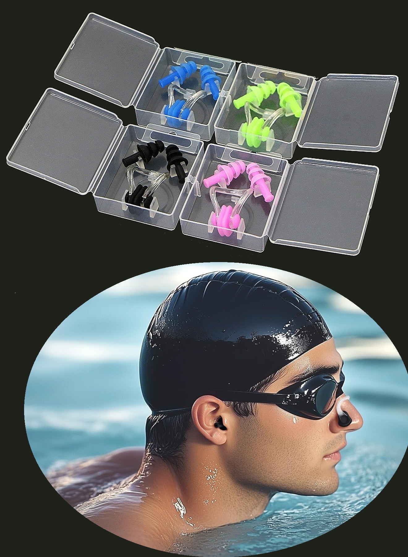 4 Pairs Silicone Swimmers Ear Plugs,with Nose Clips,Soft Silicone Swim Ear Plugs Reusable for Swimming or Sleeping,Black