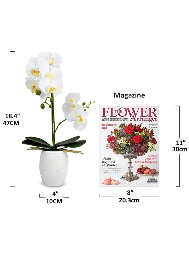 Dahlia Realistic Orchid Artificial Flower Arrangement with Etched White Ceramic Pot, White - Image 2