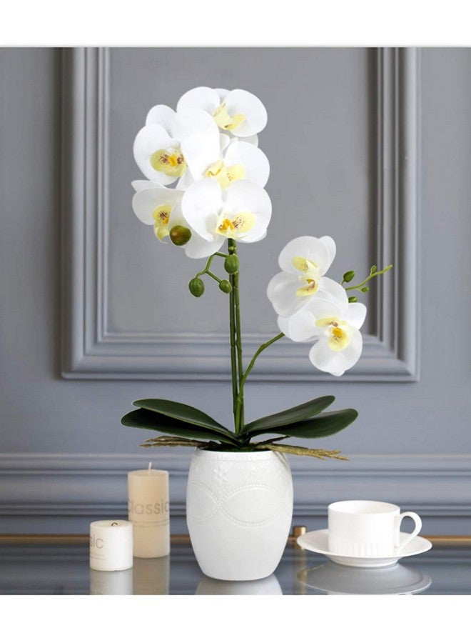 Dahlia Realistic Orchid Artificial Flower Arrangement with Etched White Ceramic Pot, White - Image 3