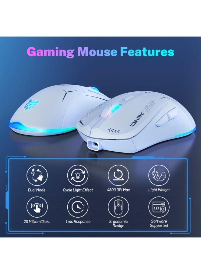 أونيكوما الماوس اللاسلكي للألعاب، وضع مزدوج 2.4G/USB-C، 6 أزرار قابلة للبرمجة، دقة تصل إلى 4800 DPI، وزن خفيف 120 جرام، إضاءة RGB بـ 7 ألوان، عمر بطارية طويل، تصميم مريح لأجهزة الكمبيوتر/ماك/اللابتوب (أبيض) - Image 2