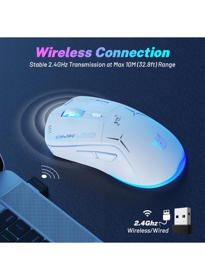 أونيكوما الماوس اللاسلكي للألعاب، وضع مزدوج 2.4G/USB-C، 6 أزرار قابلة للبرمجة، دقة تصل إلى 4800 DPI، وزن خفيف 120 جرام، إضاءة RGB بـ 7 ألوان، عمر بطارية طويل، تصميم مريح لأجهزة الكمبيوتر/ماك/اللابتوب (أبيض) - Image 4
