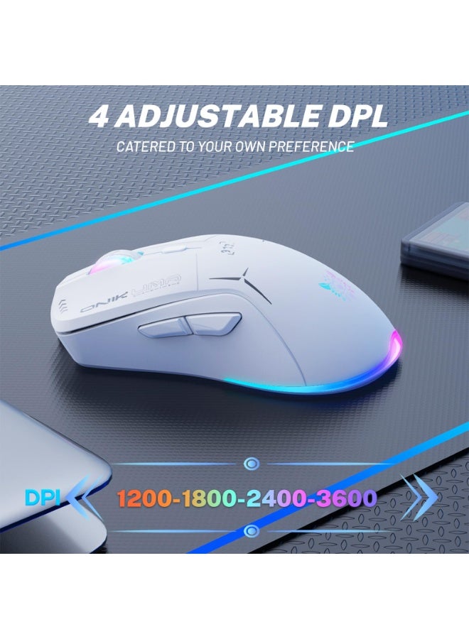 أونيكوما الماوس اللاسلكي للألعاب، وضع مزدوج 2.4G/USB-C، 6 أزرار قابلة للبرمجة، دقة تصل إلى 4800 DPI، وزن خفيف 120 جرام، إضاءة RGB بـ 7 ألوان، عمر بطارية طويل، تصميم مريح لأجهزة الكمبيوتر/ماك/اللابتوب (أبيض) - Image 5