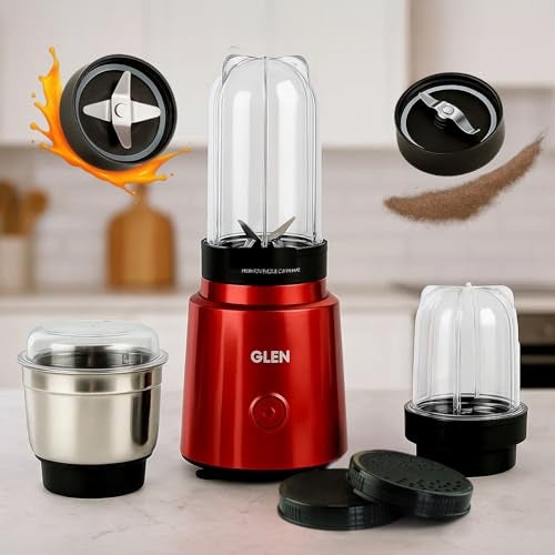 Glen Polycarbonate Multi Function Active Blender 350 Watt with 4 Jar Silver, 2 Interchangeable Blades, Lid & Seasoning Cap, 2 Years Warranty,(SA4048BGRED - Image 1