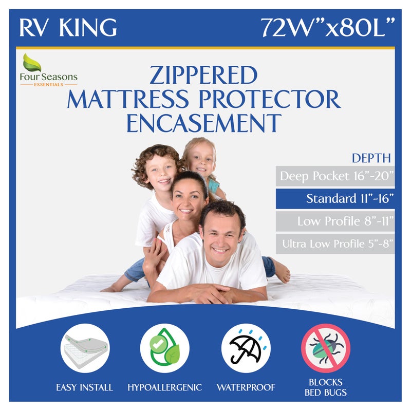 Four Seasons Essentials RV King Zippered Mattress Protector (72" Wx80 L) - Waterproof Encasement Premium Hypoallergenic Bed Cover Protects Against Bedbugs Dust Allergies - Breathable, Noiseles - Image 1