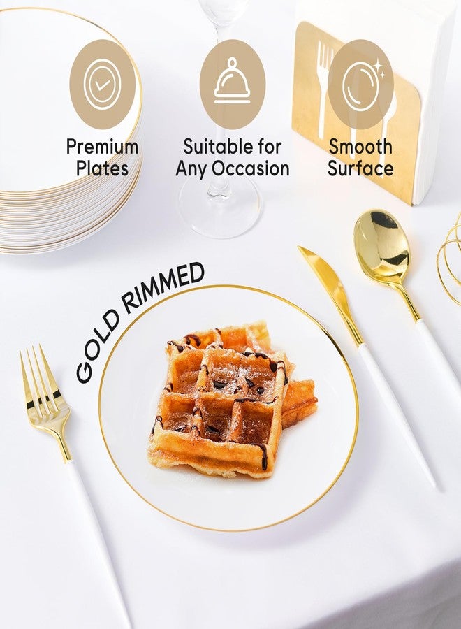 FOCUSLINE 100 Count Gold Plastic Plates 7 Inch, Disposable Heavy Duty Salad Dessert Plates, Premium Hard Plastic Plate Disposable with Gold Rim for Wedding Parties - Image 2