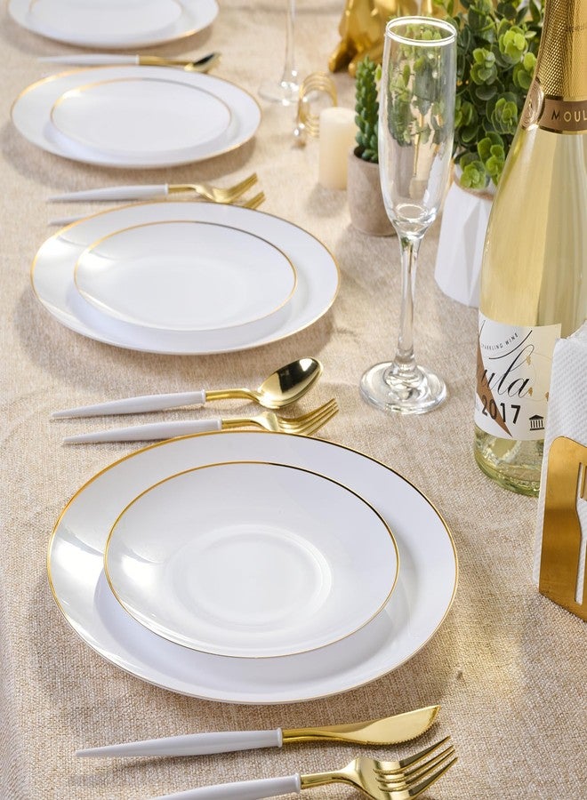 FOCUSLINE 100 Count Gold Plastic Plates 7 Inch, Disposable Heavy Duty Salad Dessert Plates, Premium Hard Plastic Plate Disposable with Gold Rim for Wedding Parties - Image 4