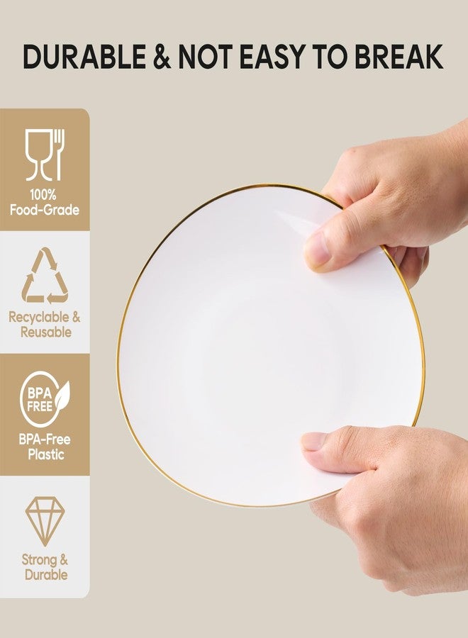 FOCUSLINE 100 Count Gold Plastic Plates 7 Inch, Disposable Heavy Duty Salad Dessert Plates, Premium Hard Plastic Plate Disposable with Gold Rim for Wedding Parties - Image 3