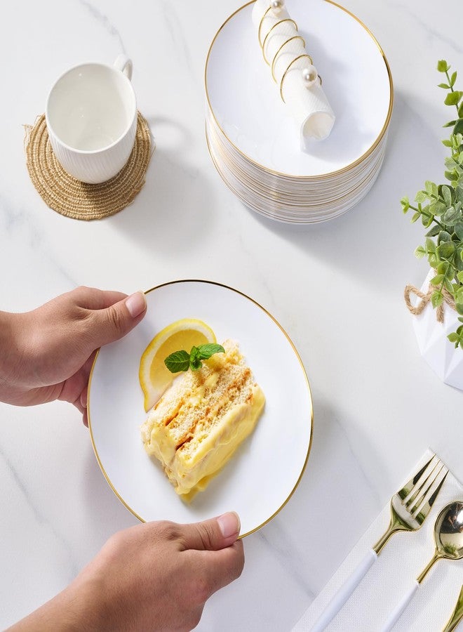 FOCUSLINE 100 Count Gold Plastic Plates 7 Inch, Disposable Heavy Duty Salad Dessert Plates, Premium Hard Plastic Plate Disposable with Gold Rim for Wedding Parties - Image 5