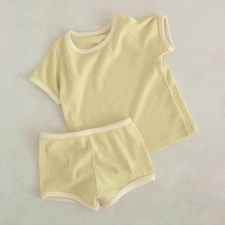 Korean Ins Solid Candy Edge Tee Shorts Set Pale yellow 