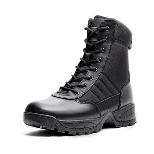 WIDEWAY Men's Tactical Military Work Boots Black Waterproof Leather Motorcycle Combat Army Boot w/Side Zipper slip resistant and All Day Comfortable (6-8inch) - Image 1