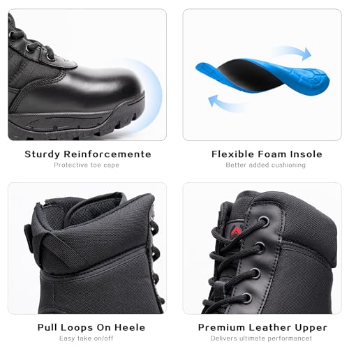 WIDEWAY Men's Tactical Military Work Boots Black Waterproof Leather Motorcycle Combat Army Boot w/Side Zipper slip resistant and All Day Comfortable (6-8inch) - Image 5