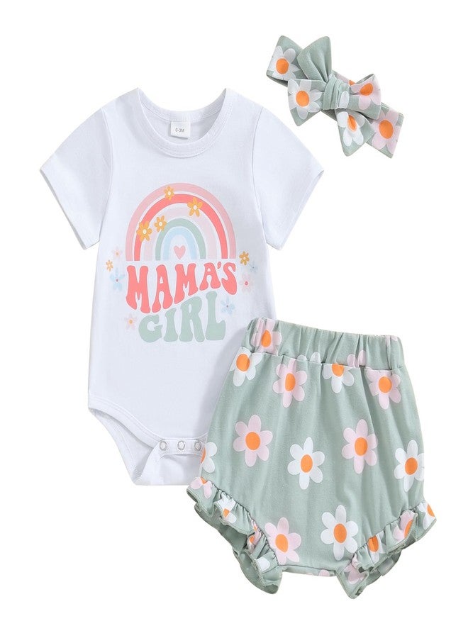 DNOMAID YZARC Newborn Baby Girl Clothes Mama's Girl Short Sleeve Romper Flower Ruffle Shorts Headband Set 3Pcs Summer Outfits (Green, 0-3 Months) - Image 1