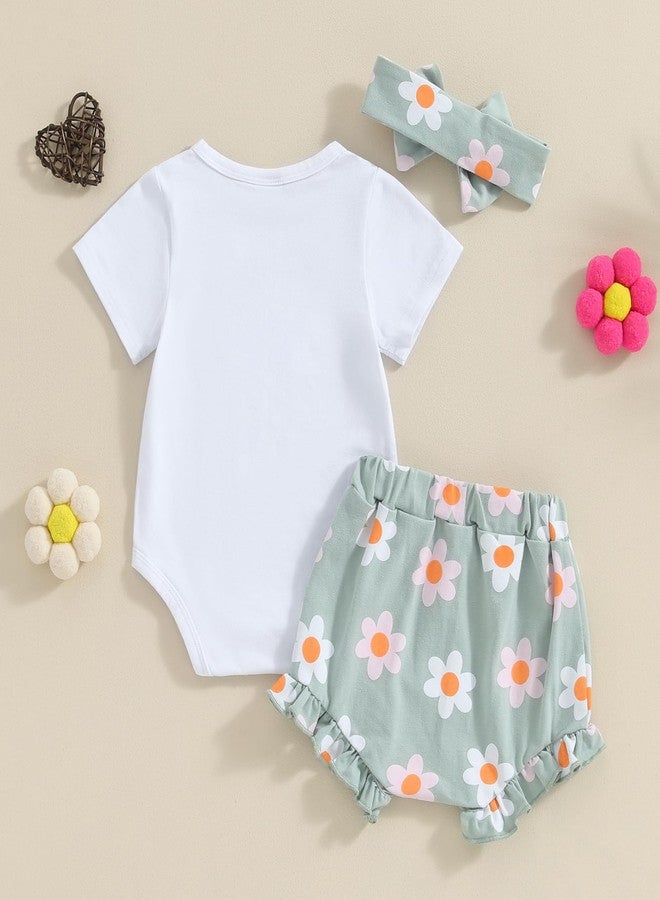 DNOMAID YZARC Newborn Baby Girl Clothes Mama's Girl Short Sleeve Romper Flower Ruffle Shorts Headband Set 3Pcs Summer Outfits (Green, 0-3 Months) - Image 4
