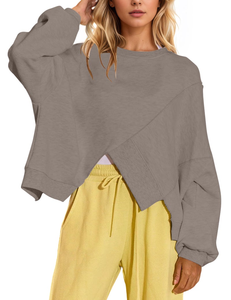 MISSACTIVER Womenâ€™s Crew Neck Cropped Sweatshirt Oversized Long Sleeve Ribbed Pullover Top Asymmetrical Hem Fall Outfit(Medium,Black) - Image 1