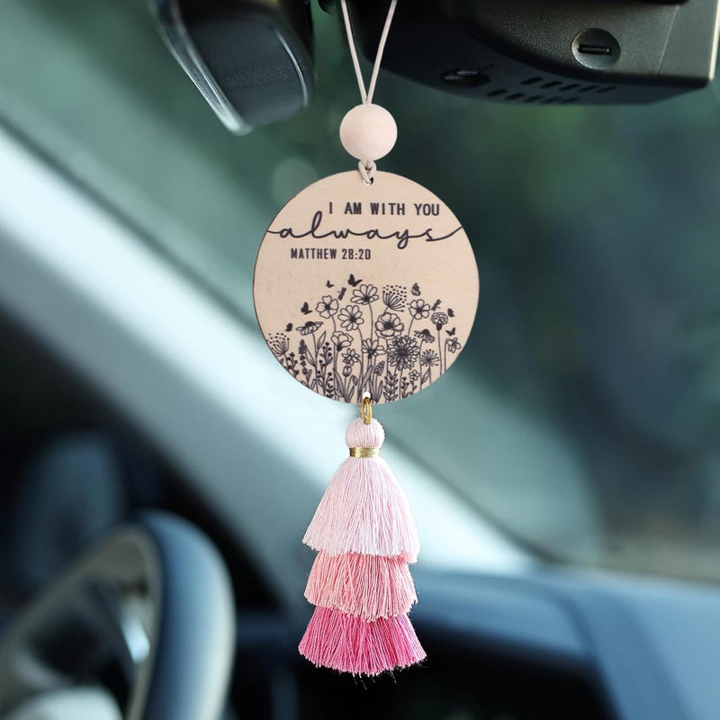 Qpige Christian Car Charm Gifts for Women Men, I am with You Always Rear View Mirror Hanger with Tassel Religious Car Hanging Ornament Accessories(Pink) - Image 4