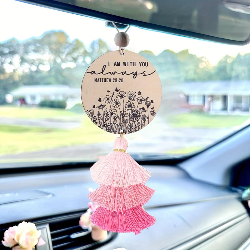 Qpige Christian Car Charm Gifts for Women Men, I am with You Always Rear View Mirror Hanger with Tassel Religious Car Hanging Ornament Accessories(Pink) - Image 1