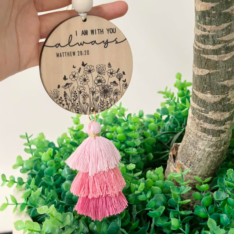 Qpige Christian Car Charm Gifts for Women Men, I am with You Always Rear View Mirror Hanger with Tassel Religious Car Hanging Ornament Accessories(Pink) - Image 3