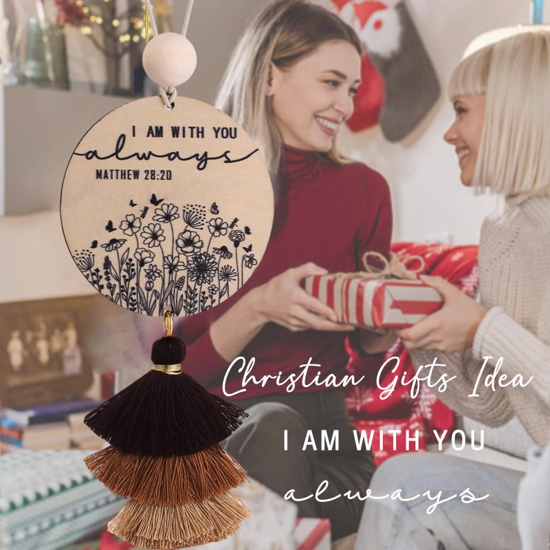 Qpige Christian Car Charm Gifts for Women Men, I am with You Always Rear View Mirror Hanger with Tassel Religious Car Hanging Ornament Accessories(Pink) - Image 5