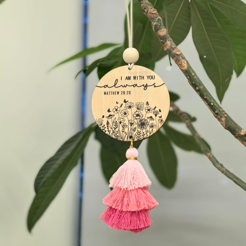 Qpige Christian Car Charm Gifts for Women Men, I am with You Always Rear View Mirror Hanger with Tassel Religious Car Hanging Ornament Accessories(Pink) - Image 2