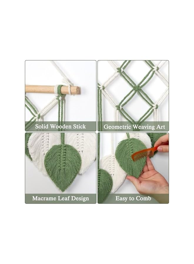 The Bros 1 قطعة من تزيين الجدران بتعليق ورقة خضراء مع خيوط مزخرفة، تزيين جداري بأسلوب بوهيمي، سجادة منسوجة يدوياً لتزيين الجدران لغرفة النوم، غرفة المعيشة، المكتب، الشقة، زينة خلفية (أخضر وأبيض) - Image 4