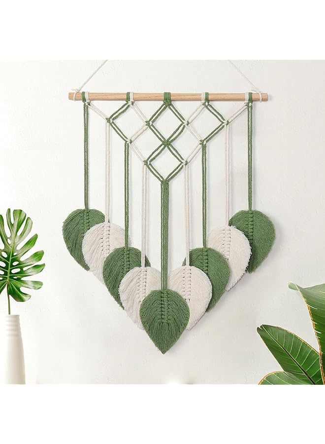 The Bros 1 قطعة من تزيين الجدران بتعليق ورقة خضراء مع خيوط مزخرفة، تزيين جداري بأسلوب بوهيمي، سجادة منسوجة يدوياً لتزيين الجدران لغرفة النوم، غرفة المعيشة، المكتب، الشقة، زينة خلفية (أخضر وأبيض) - Image 1