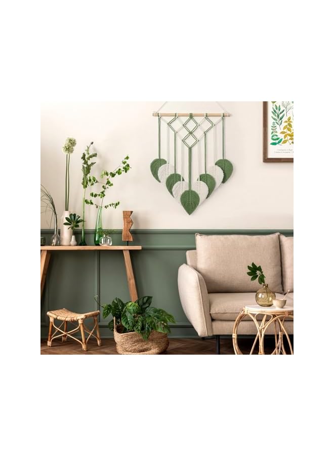 The Bros 1 قطعة من تزيين الجدران بتعليق ورقة خضراء مع خيوط مزخرفة، تزيين جداري بأسلوب بوهيمي، سجادة منسوجة يدوياً لتزيين الجدران لغرفة النوم، غرفة المعيشة، المكتب، الشقة، زينة خلفية (أخضر وأبيض) - Image 2