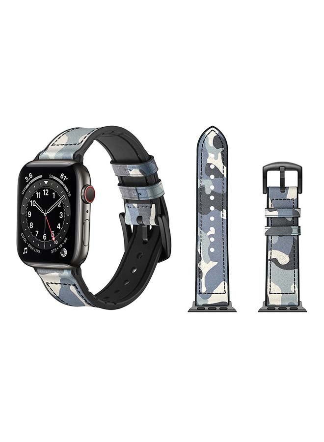 Perfii Genuine Leather Replacement Band For Apple Watch Series 6/SE/5/4/3/2/1 Camouflage Blue