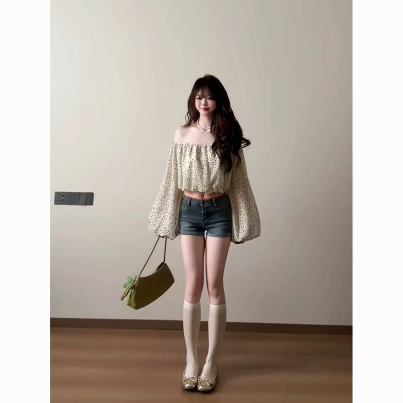 Plus Size Off-Shoulder Polka Dot Long Sleeve T-Shirt - Image 1